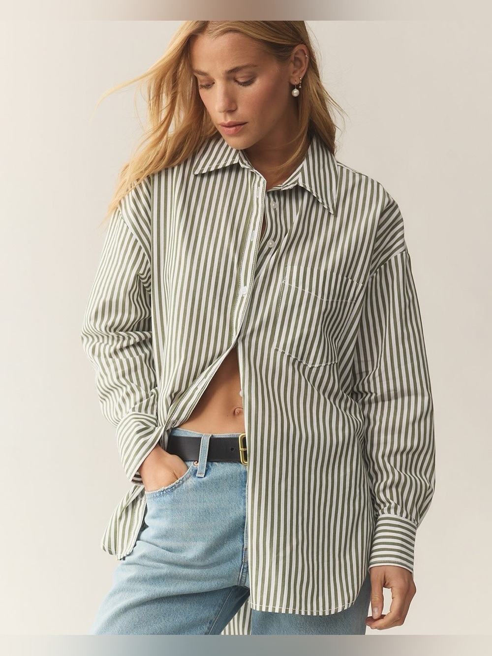 Anthropologie MaeveThe Bennet Buttondown Shirt Olive Green White Stripe Size XXS